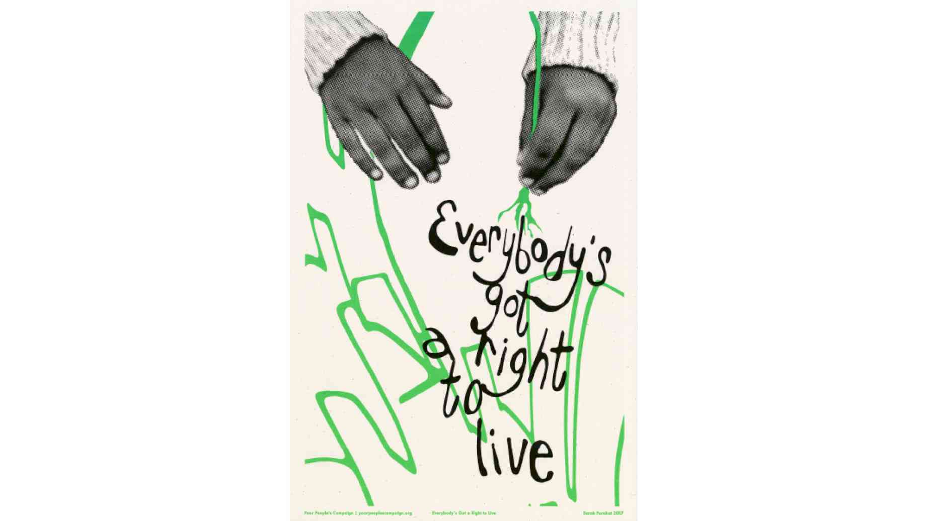 Grainy black and white hands with wool sweater writs tug downward on the end of a drawn green line, which forms shapes below like buildings or plants. Scrawled atop the line in black are words that read "Everybody