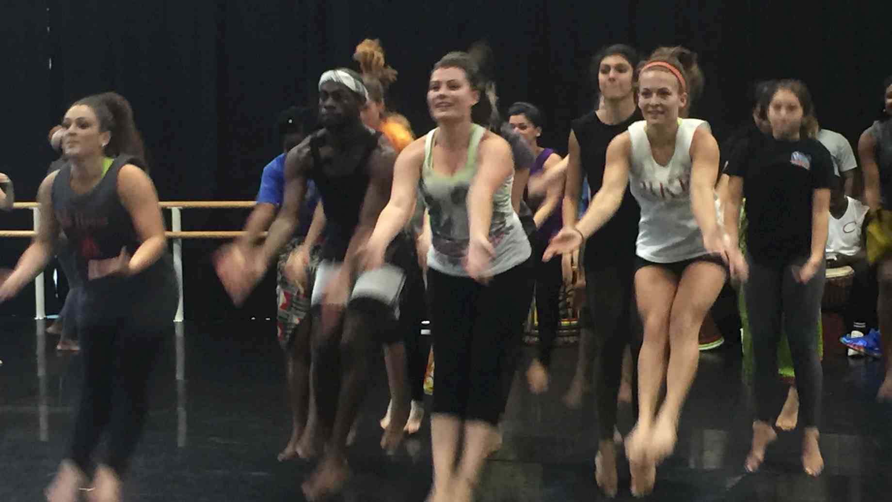 West African Dance students being instructed by Juliana Azoubel during her Guest Artist residency at UF in Fall 2016.