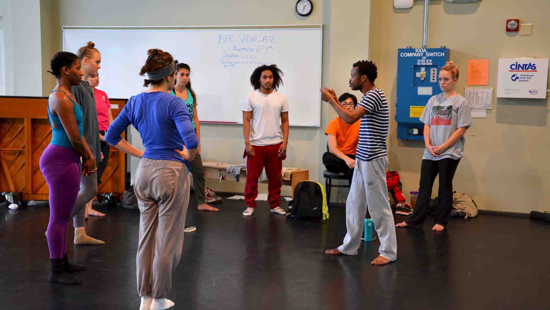 Faustin Linyekula teaching composition to students during the "Look Back, Dance Forward" residency, November 2014.