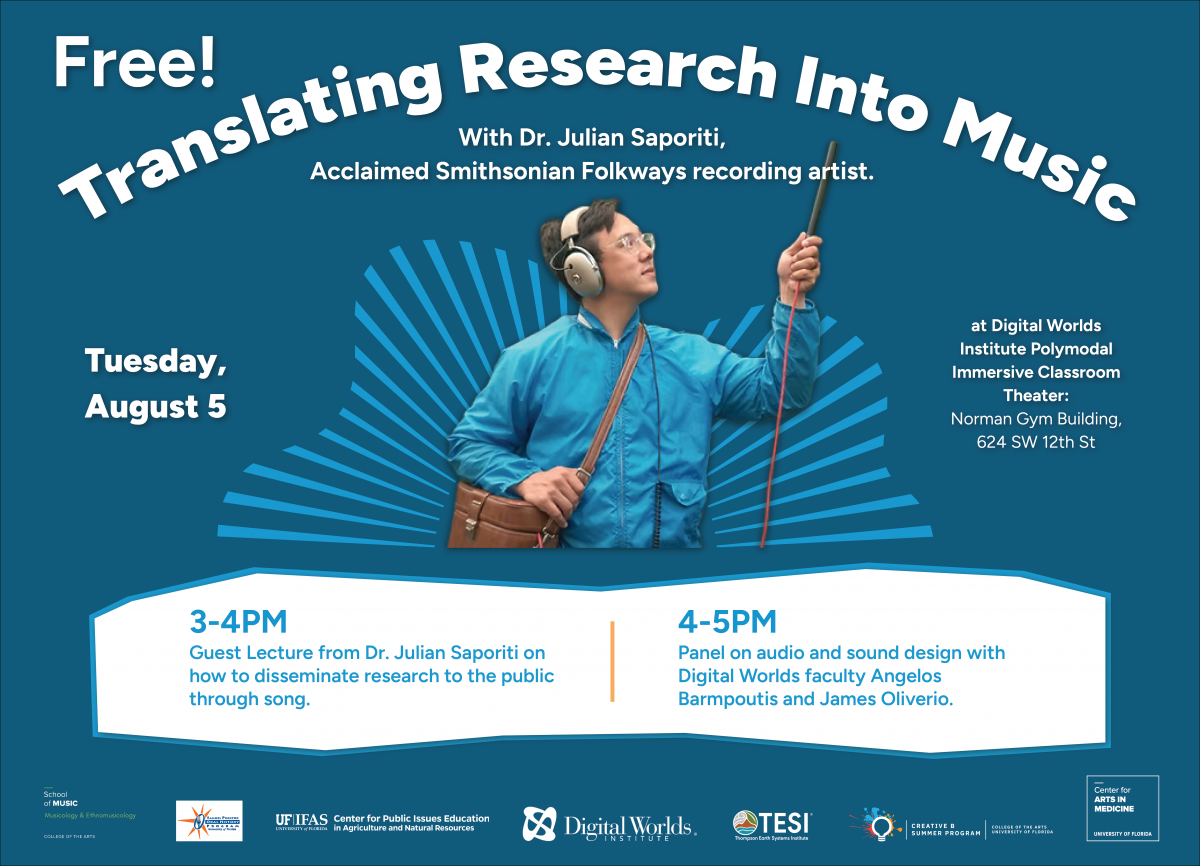 Event flyer with Dr. Saporiti in a blue shirt holding recording equipment.