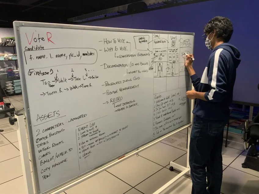 A person writing notes on a whiteboard