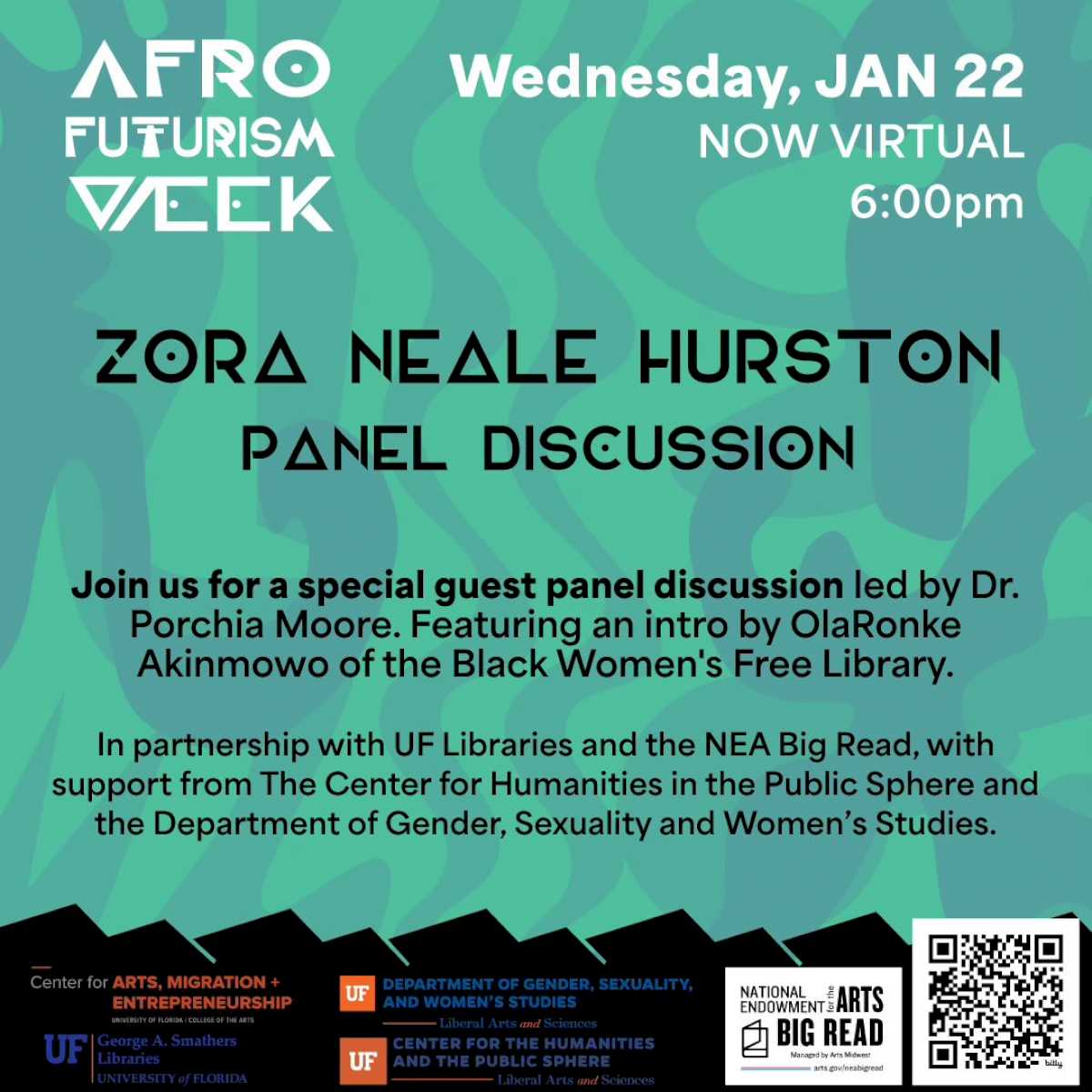 Flyer: Zora Neale Hurston Virtual Panel Discussion: Afrofuturism Week 2025