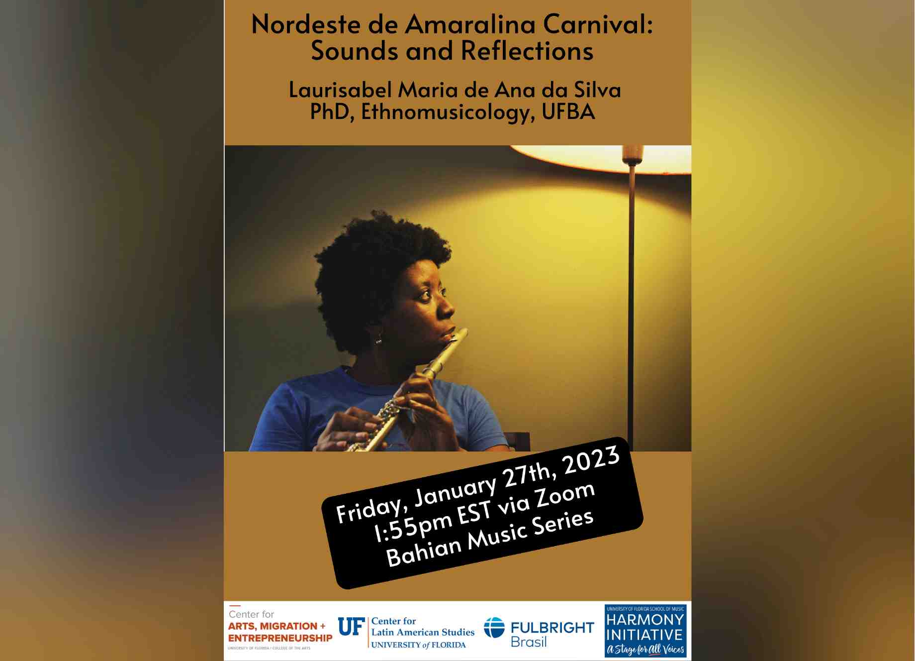 Event flyer with photo of Laurisabel Maria de Ana da Silva playing the flute.