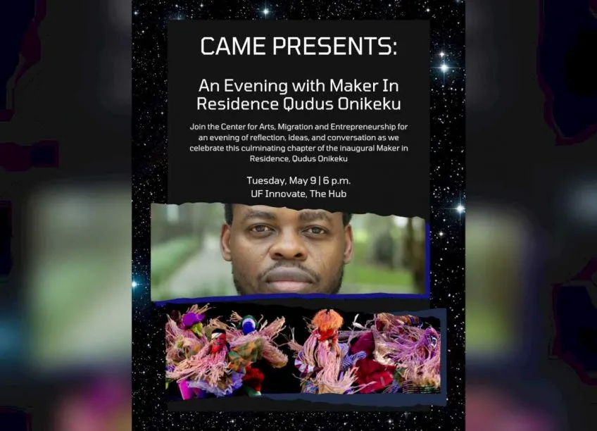 Event flyer with text, headshot photo of Qudus Onikeku, and photo of Q Dance Company performing