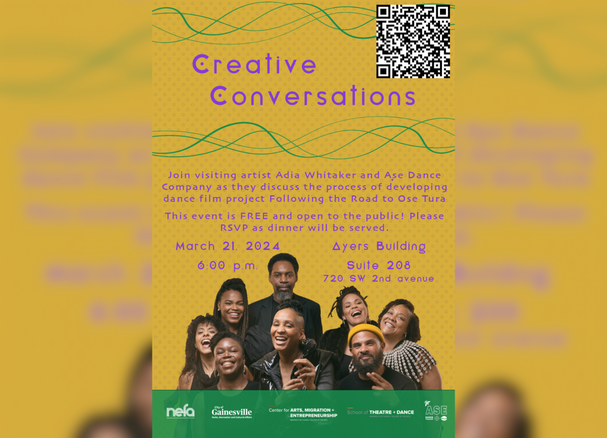 Flyer advertising the 'Creative Conversation' panel discussion with an artist in residence with event information and photo of the artist.