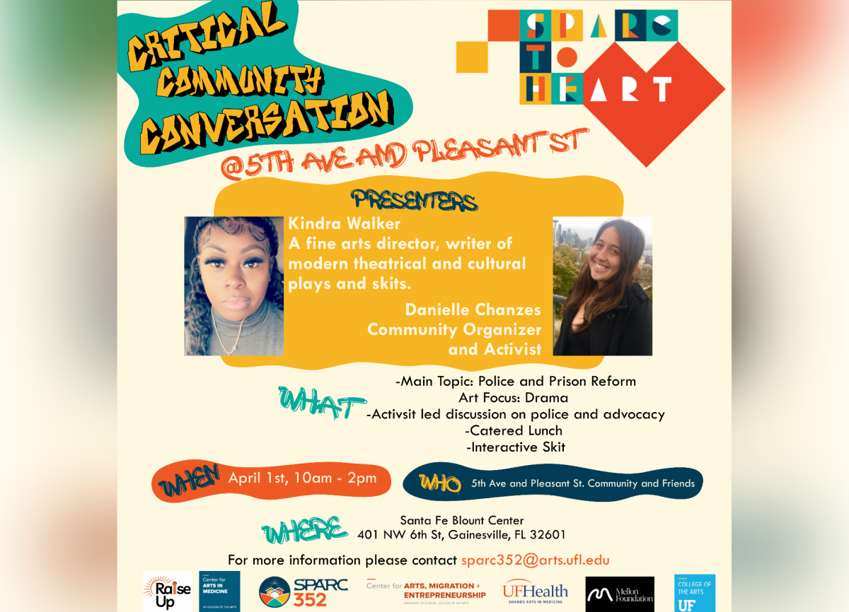Critical Community Conversations flyer with text and photos of guest artists