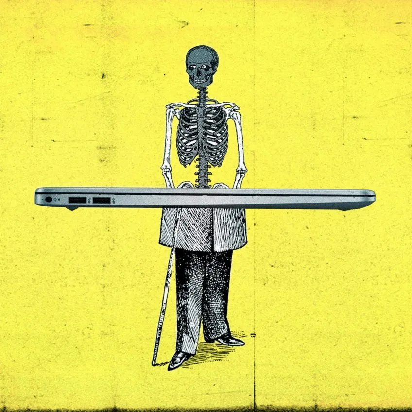 Yellow square background with a side profile of a close laptop. A human appears to stand behind the laptop. Above the laptop, the human is only a skeleton. Below the human it clothed