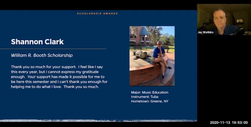 Photo of scholarship recipient Shannon Clark with note of gratitude from Clark in white text on blue background.