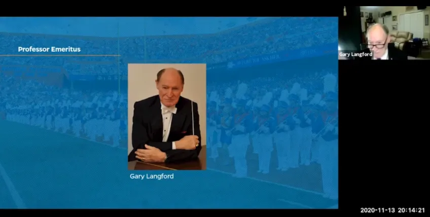 Professor Emeritus and former band director Gary Langford gives remarks vat the virtual GBAA reunion