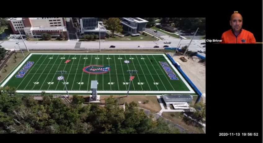 Zoom screen with aerial view of UF Marching Band practice field