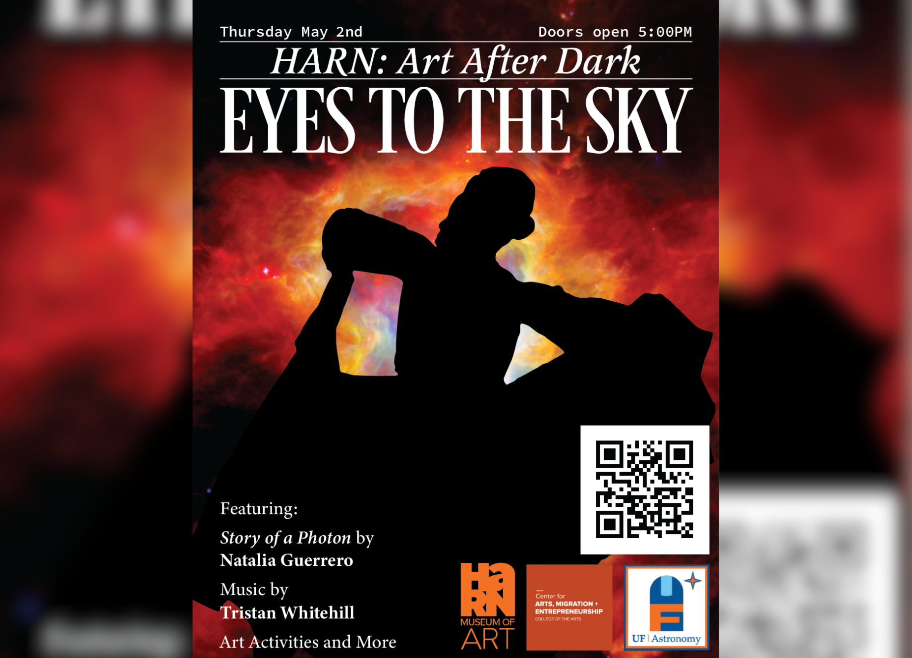 Art After Dark flyer with a dancer silhouetted over a night sky