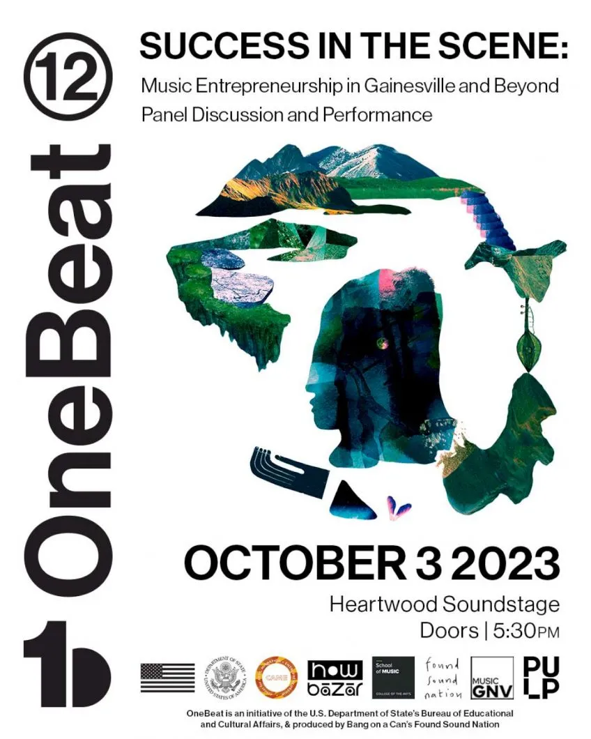 Event poster with text, and photo collage of an archipelago and human face in profile