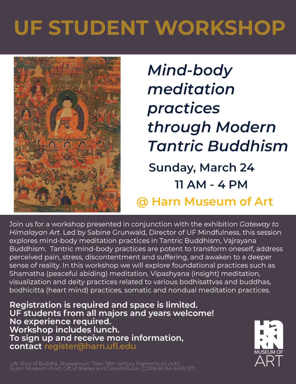 Event flyer with text and 19th century textile artwork of Buddha