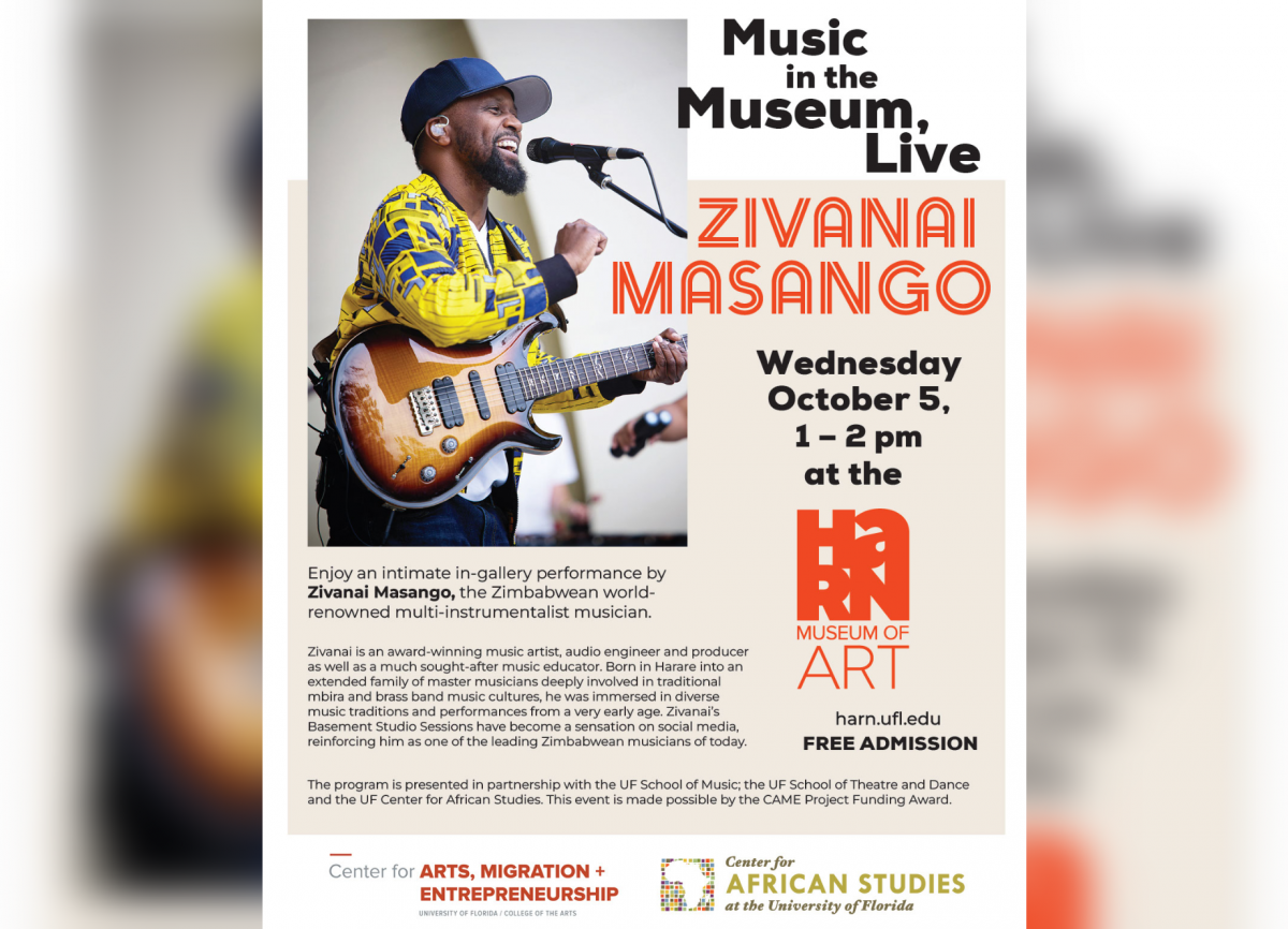 Concert poster with text and photo of the artist with a microphone and guitar.