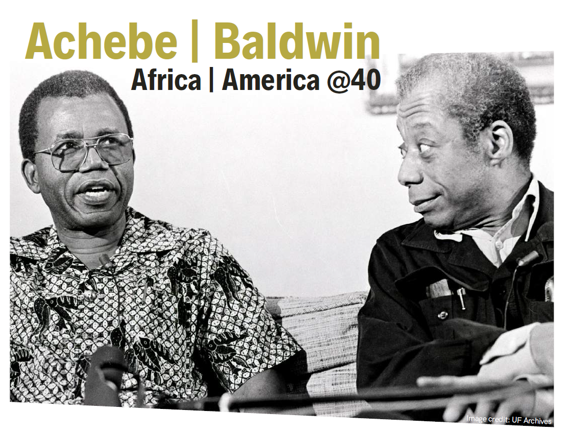 Black and white photo of Achebe and Baldwin with text that reads "Africa - America at 40"