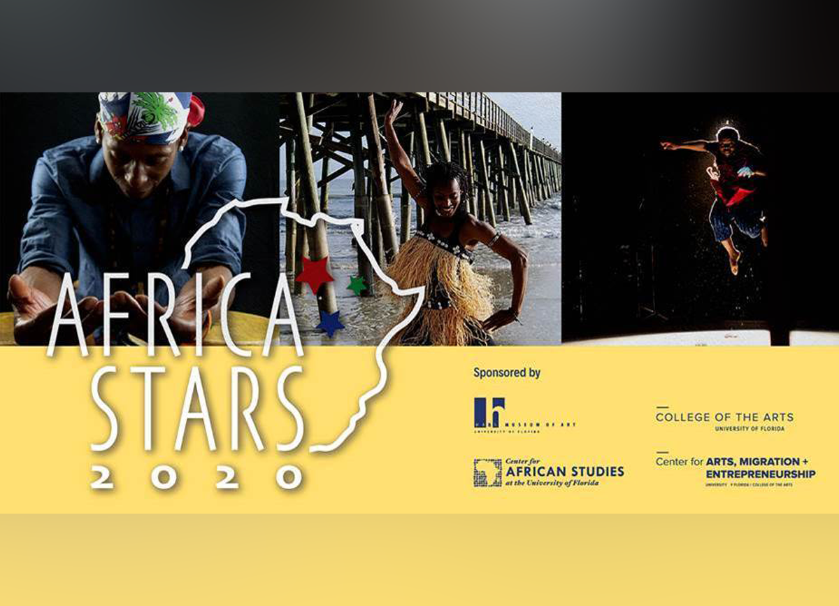 Africa Stars 2020 flyer featuring images of Nicholas Spivey (percussionist), Barakissa Coulibaly (dancer), and Qudus Onikeku (choreographer, dancer, and CAME maker-in-residence).