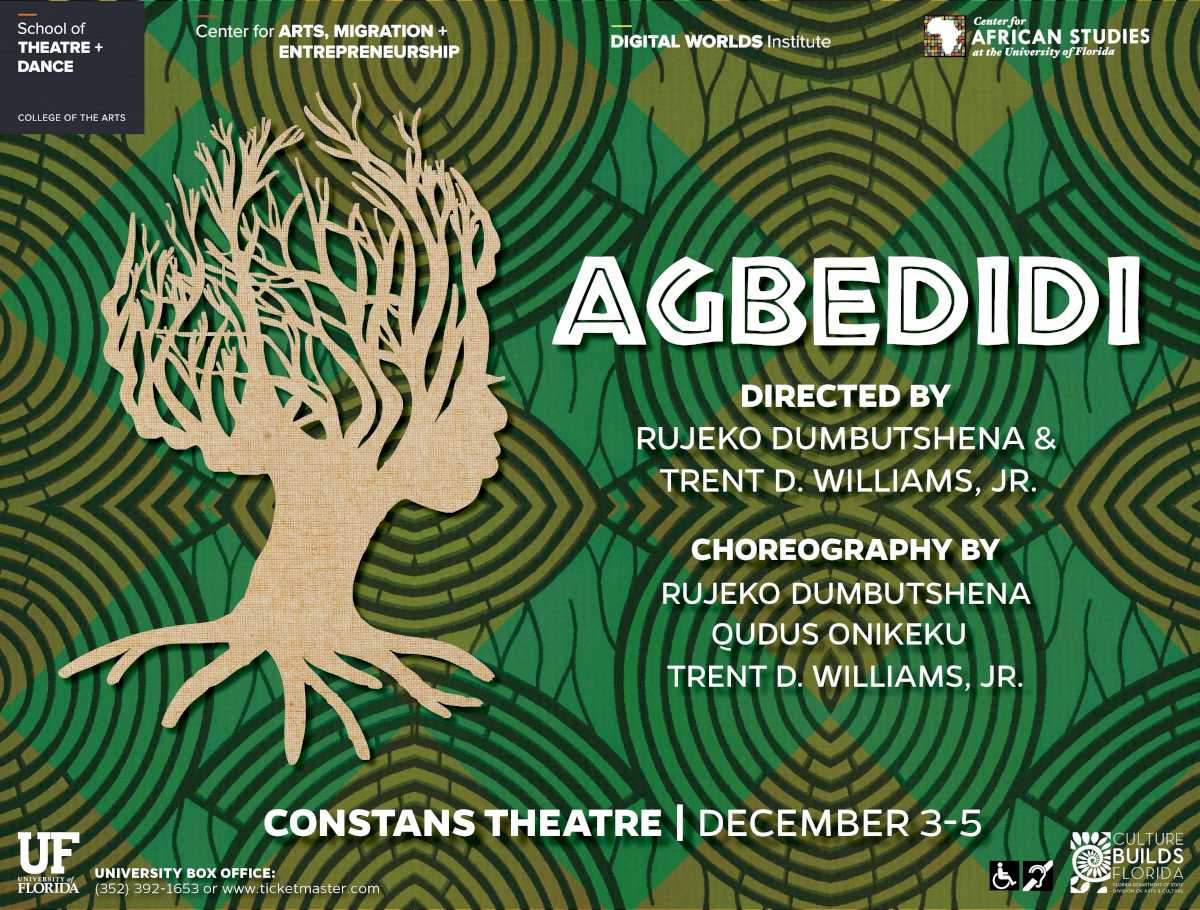 'Agbedidi' poster. Background is a patterned green design with a tree designed with branches to look like a woman's face. Text reads: 'Agbedidi. Directed by Rujeko Dumbutshena & Trent D. Williams, Jr. Choreography by Rujeko Dumbutshena, Qudus Onikeku, & Trent D. Williams, Jr. Constans Theatre. December 3 - 5.