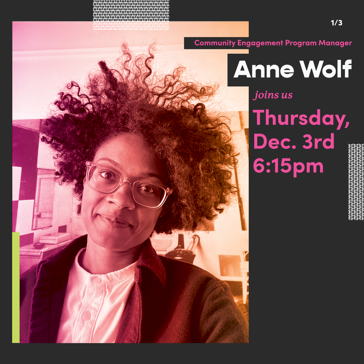 Anne Wolf. Thursday, Dec. 3, 6:15 P.M. with headshot photo of Anne Wolf