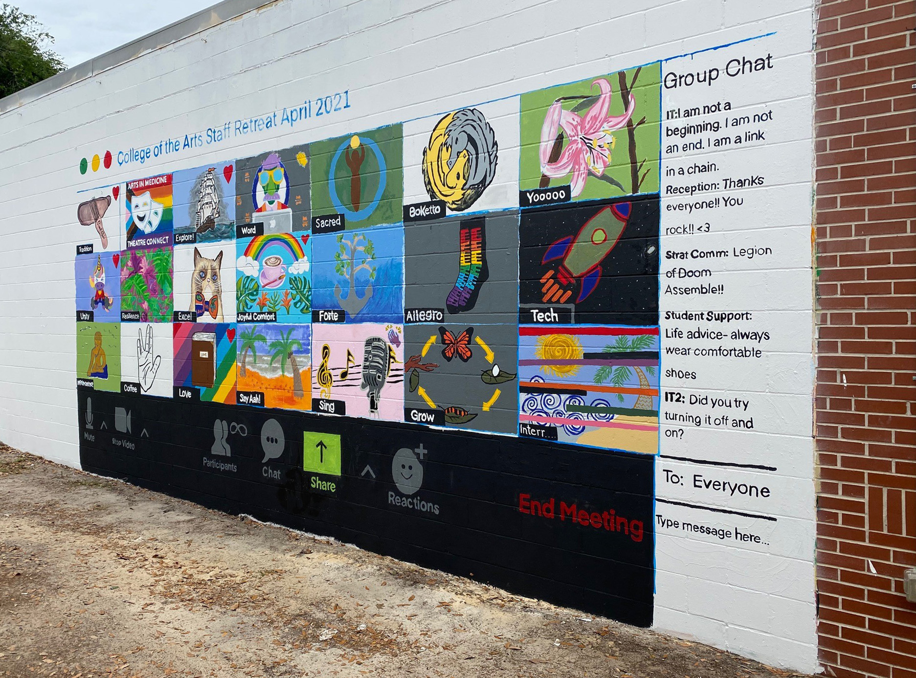 A mural depicting an artistic representation of a Zoom meeting screen