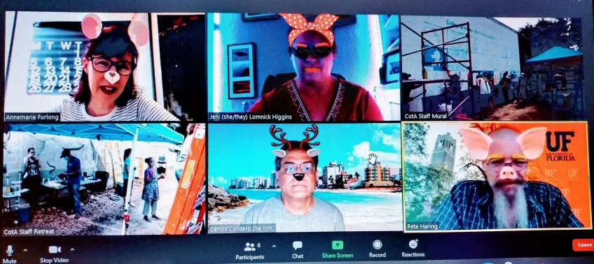 A Zoom meeting screen with attendees using Zoom filters
