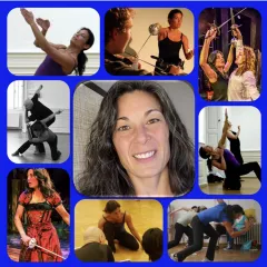 Headshot photo of Tiza Garland framed photos of Tiza performing in theatre sword fighting scenes and other action shots