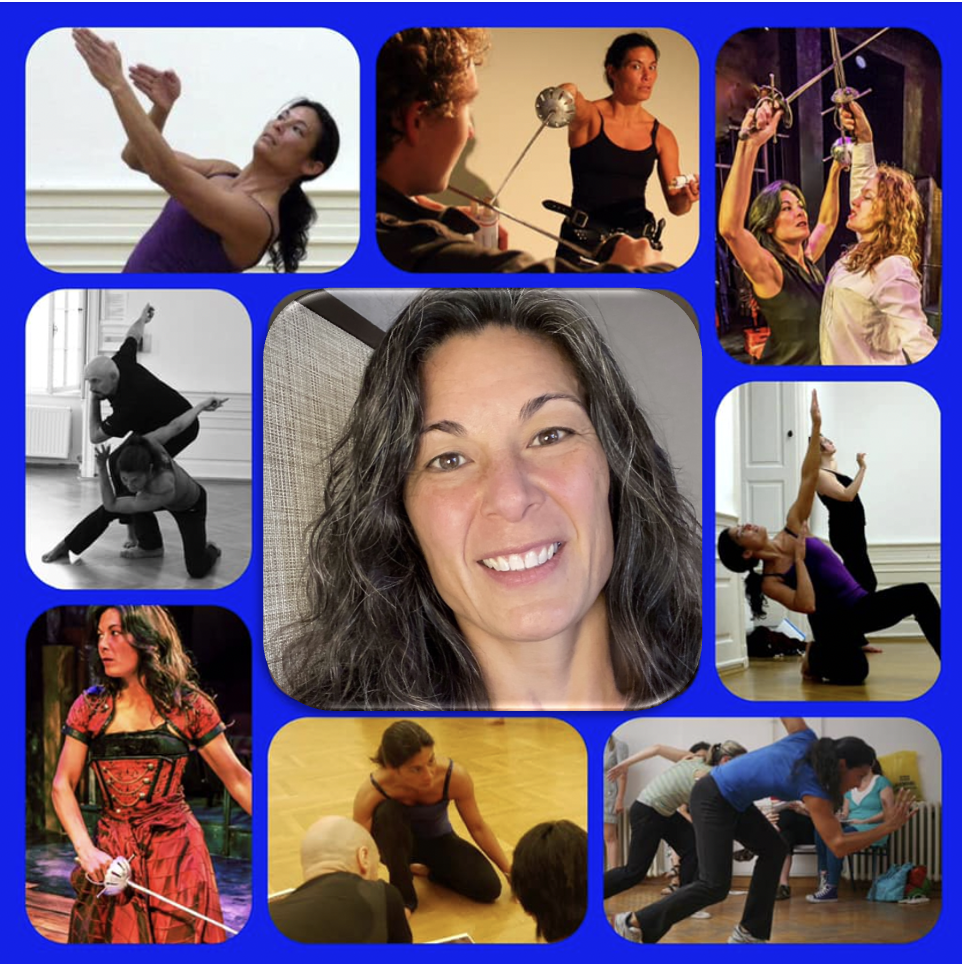 Headshot photo of Tiza Garland framed photos of Tiza performing in theatre sword fighting scenes and other action shots