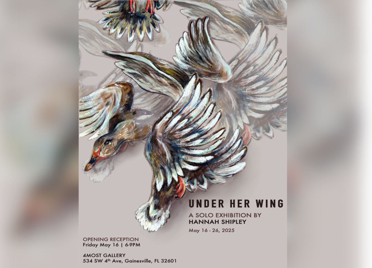 Painting of geese in flight with "Under Her Wing" Hannah Shipley exhibition info.