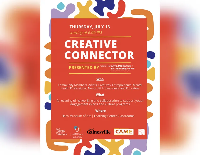 Creative Connector event flyer with white text on burnt orange background