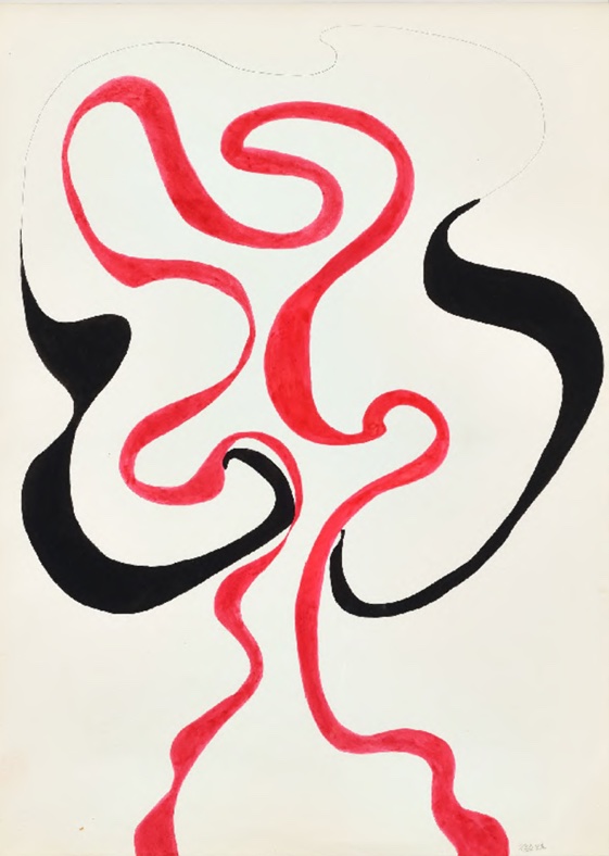 Image description: red and black ink on paper, abstract swirl designs