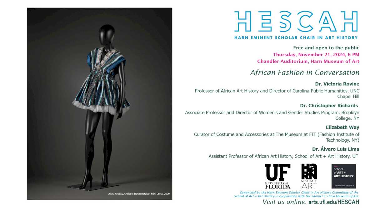 Event flyer with mannequin displaying a mini dress with blue satin, silver tulle, patterned detailing.