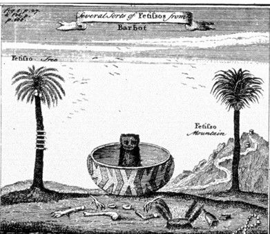 18th century engraving of beach scene with palm trees and unknown animal, maybe monkey, in a woven basket.