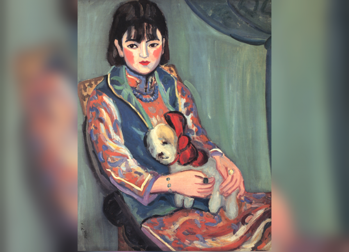 1920s oil on canvas portrait of a young woman with dog in her lap, painted in Fauvist style.
