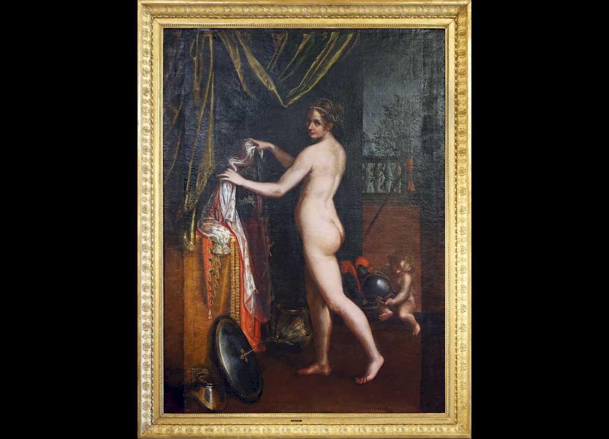 Mannerist or Late Renaissance oil painting, 17th c., depicting nude Roman goddess Minerva
