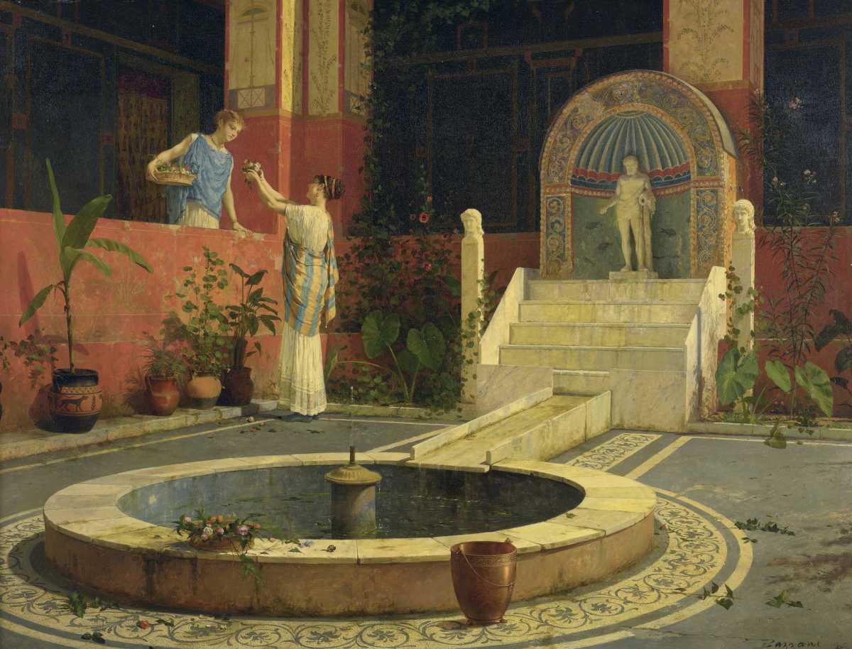 Painting of two women in a garden in classical Rome
