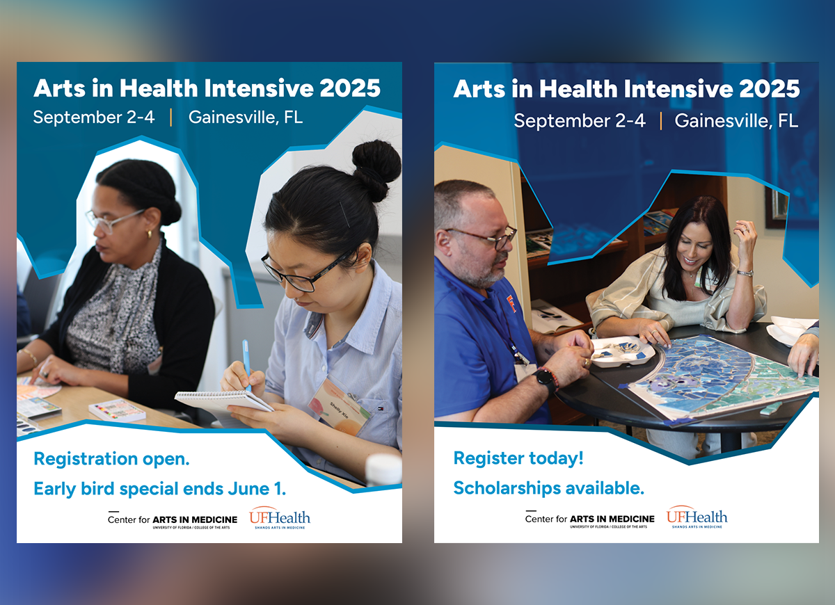 Two Arts In Health Intensive 2025 flyers. Flyer 1: Two women drawing or writing. Flyer 2: A group of people at a round table creating a mosaic.