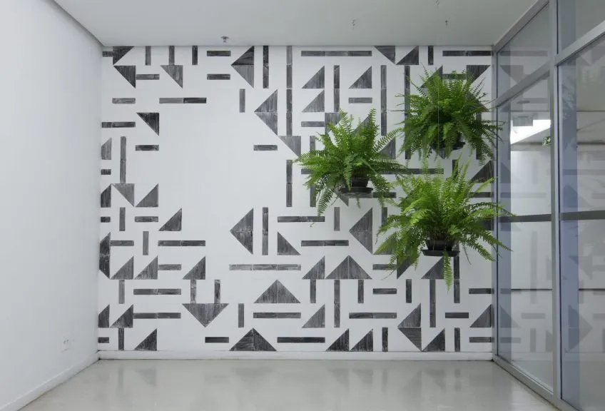 Art installation on white wall with geometric black shapes and hanging fern plant