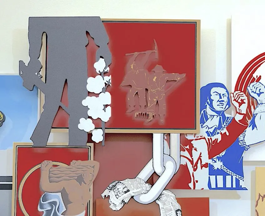 Image description: multimedia artwork, dominant colors red and blue, with common U.S.A. iconography of related to revolution; emancipation; war.