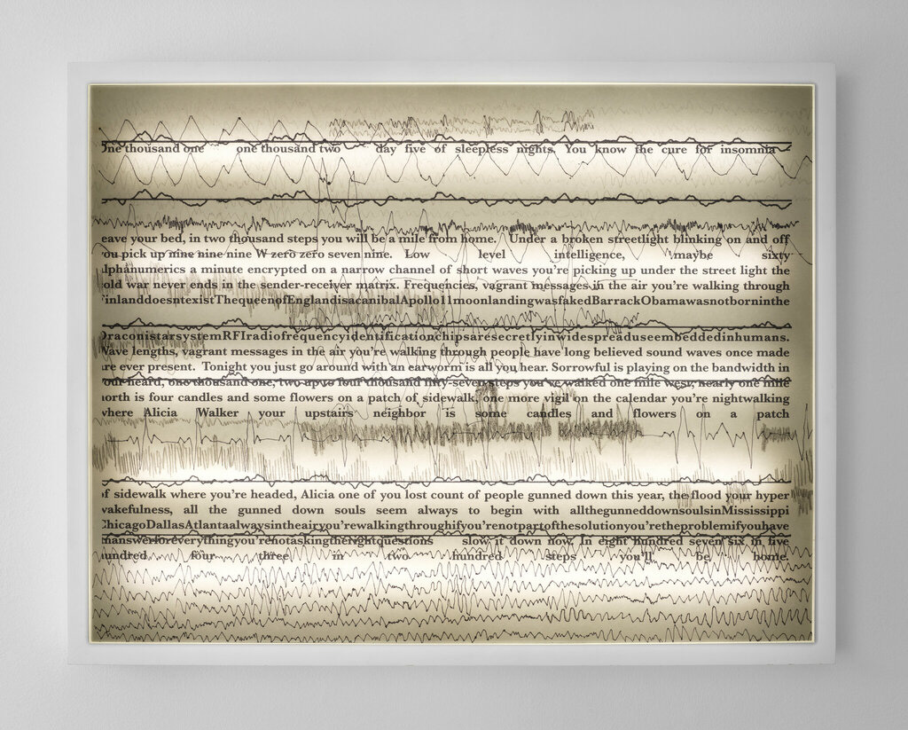 Page of English language text overlaid with audio frequency spectrum lines displaying various frequencies