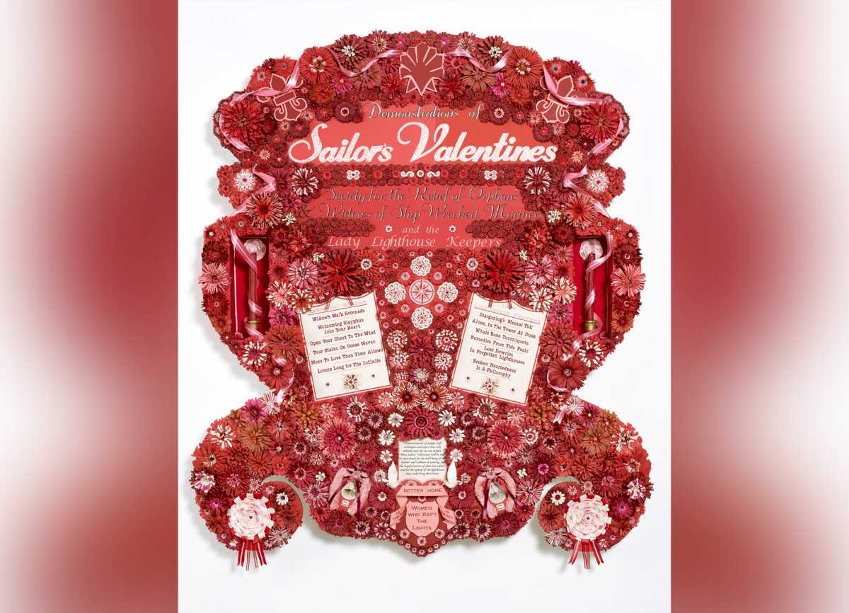Multimedia artwork resembling a handcrafted valentine, approximately 5 feet tall and four feet wide with red and pink paper, ribbon, seashells.