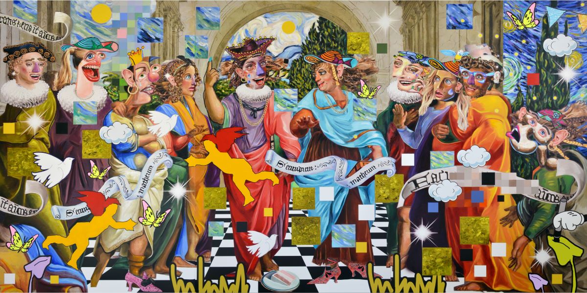 Image description: Colorful multimedia collage based on Raphael's 'School of Athens' with pop art and other modern and contemporary art references