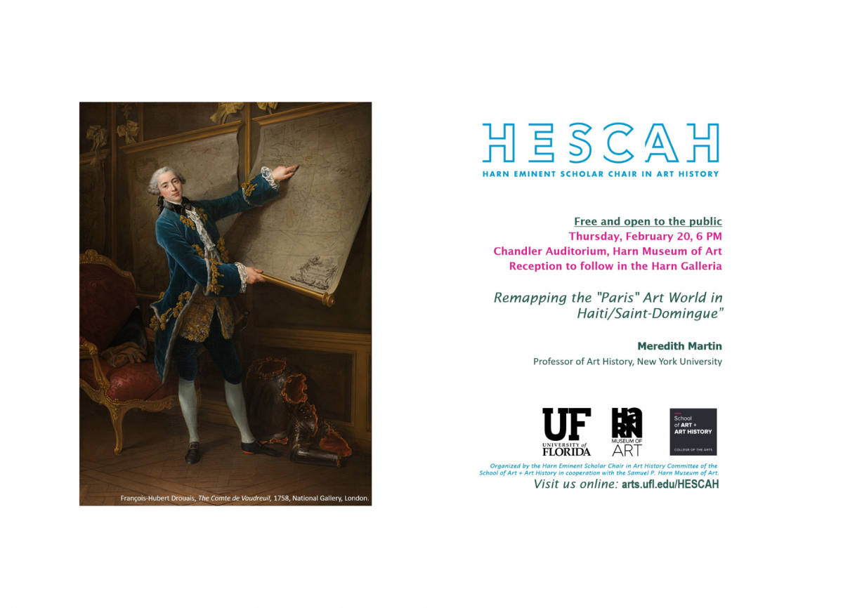 Flyer with event info and 18th century painting of a French aristocrat with a map of present-day Haiti & Dominican Republic