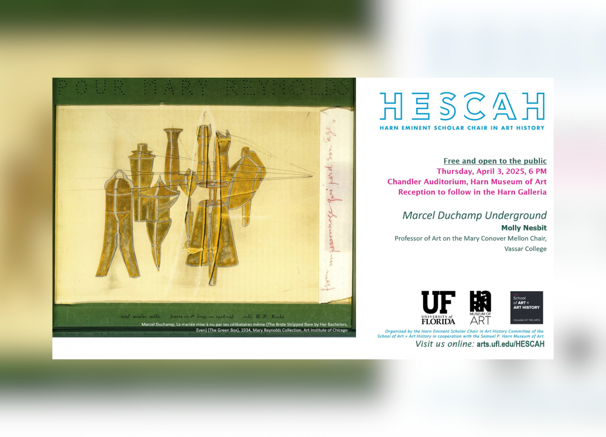 Flyer with event info and image of artwork by Dada artist Marcel Duchamp.