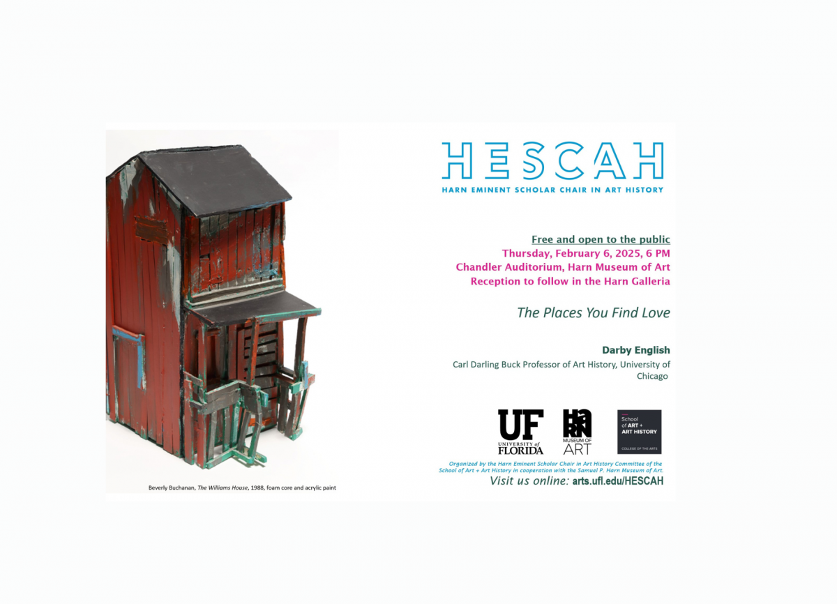 Event flyer with info and image of sculpture of a dilapidated red wooden shack.