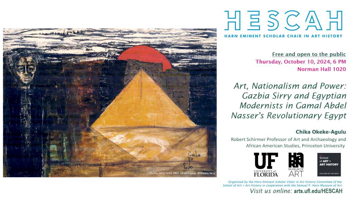 Flyer with event info and oil painting by Abstract Expressionist Egyptian artist Gazbia Sirry.