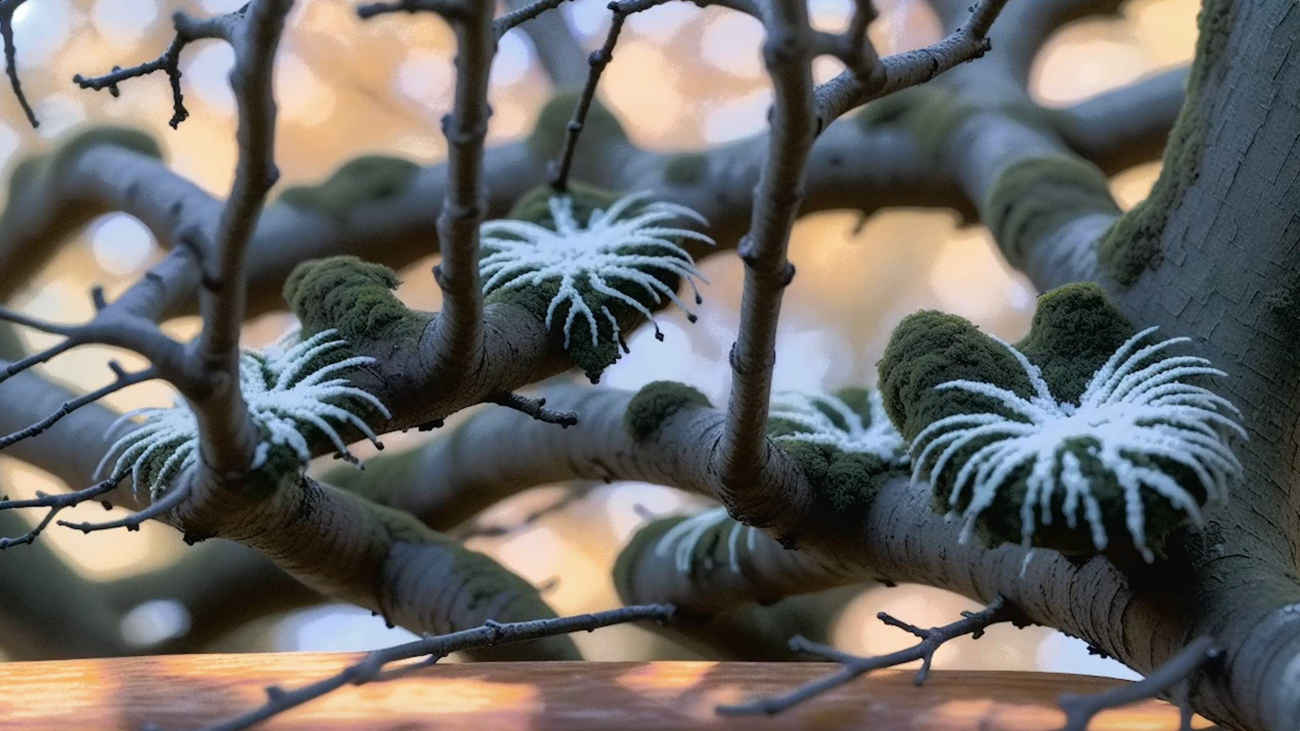 Image description: tree branches with green moss and white moss or fungal growth