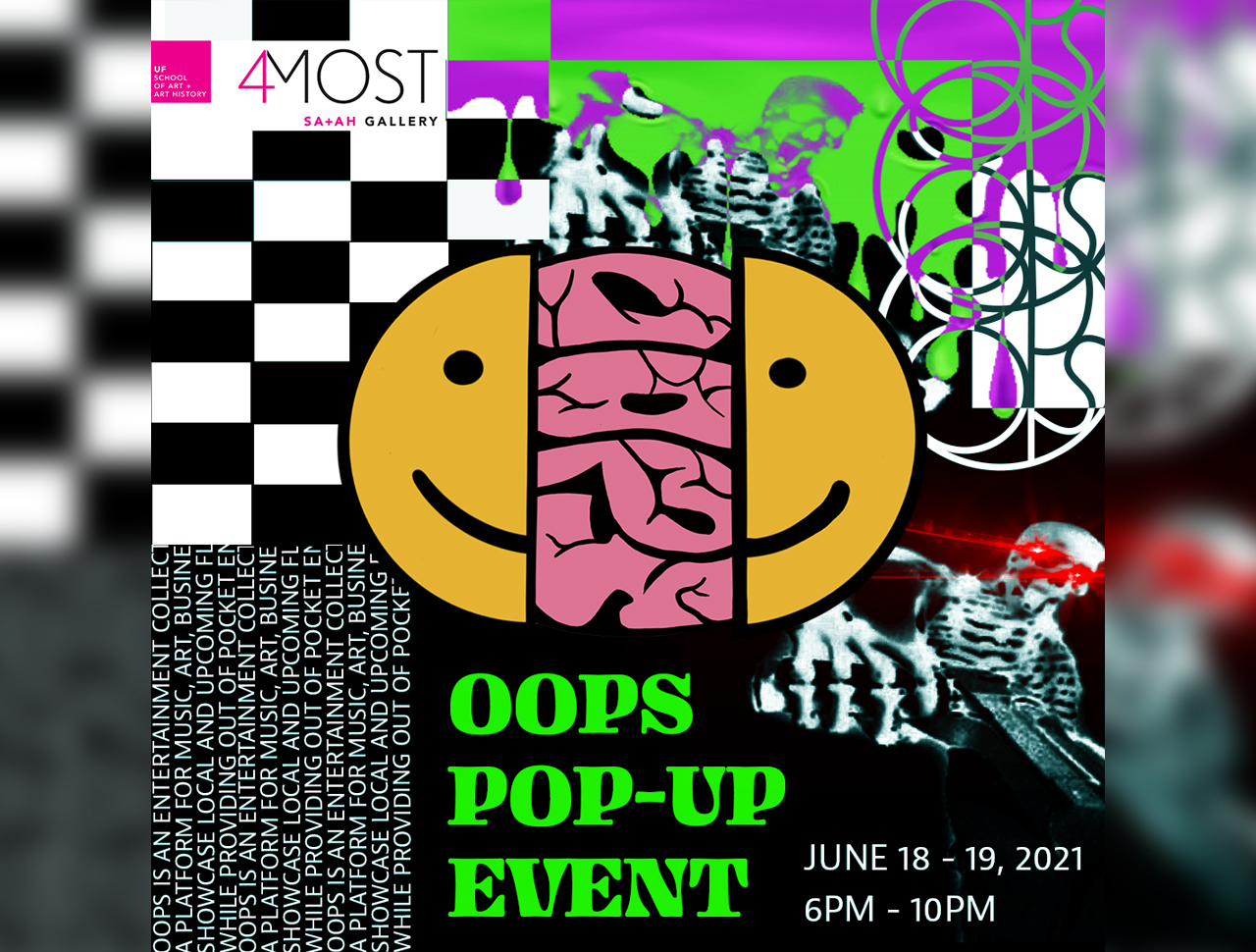 OOPS Pop-Up Event flyer with collage featuring a smiley face emoji that is split in half and separated to reveal a big brain inside.
