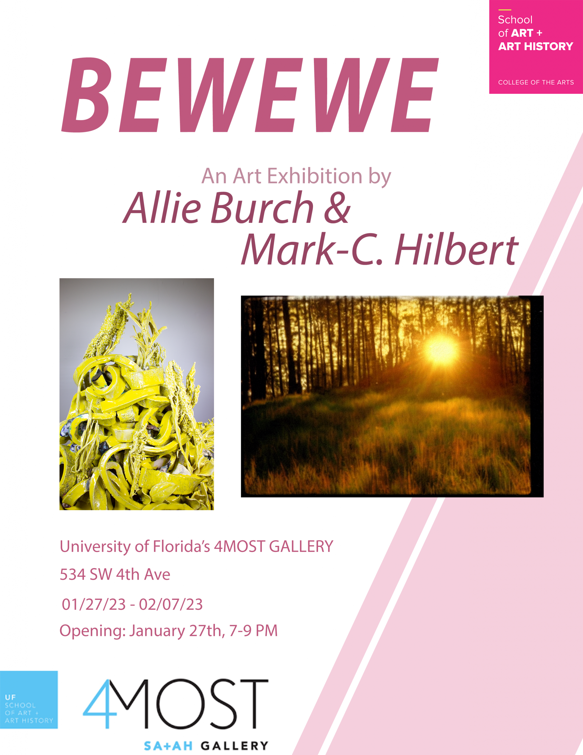 Exhibition flyer: Bewewe, an art exhibition by Allie Burch and Mark-C. Hilbert featuring an abstract yellow sculpture and a photo or digital artwork of a meadow sunset.