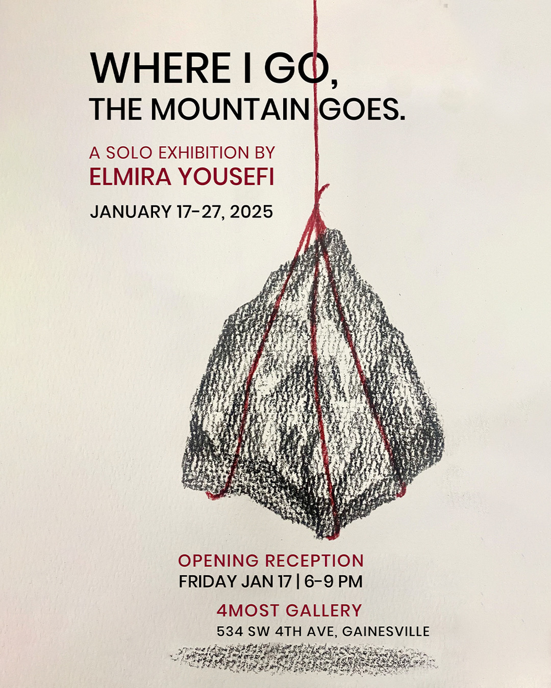 Official show poster for Where I Go, the Mountain Goes with exhibition info and drawing of a mountain hoisted by a red string.