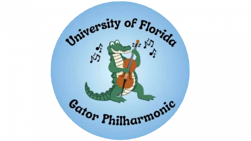 Gator on a blue background playing the double bass with music notes and