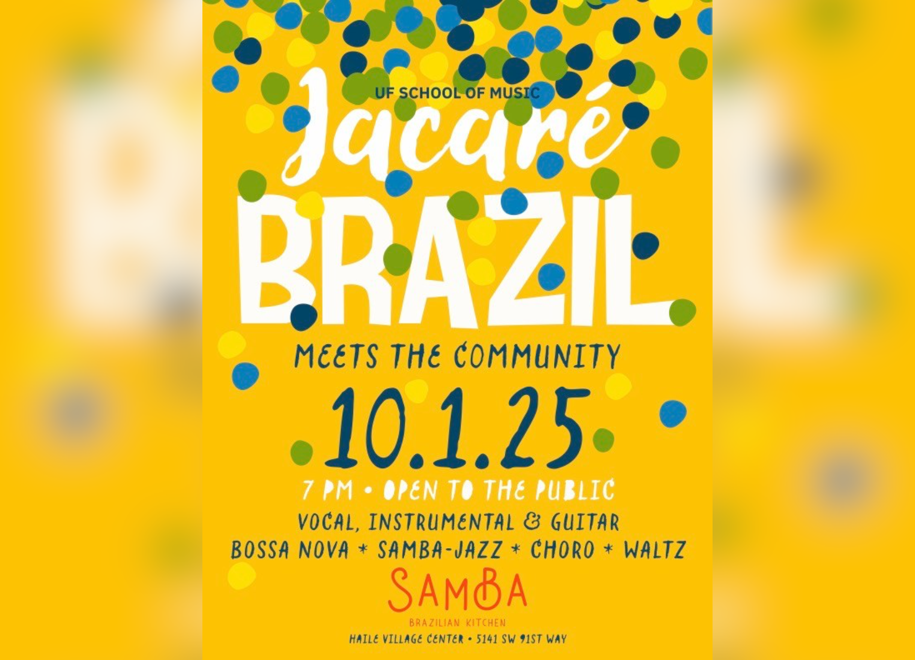 Performance poster with white and navy blue text on a yellow background decorated with blue, yellow, and green polkadots.